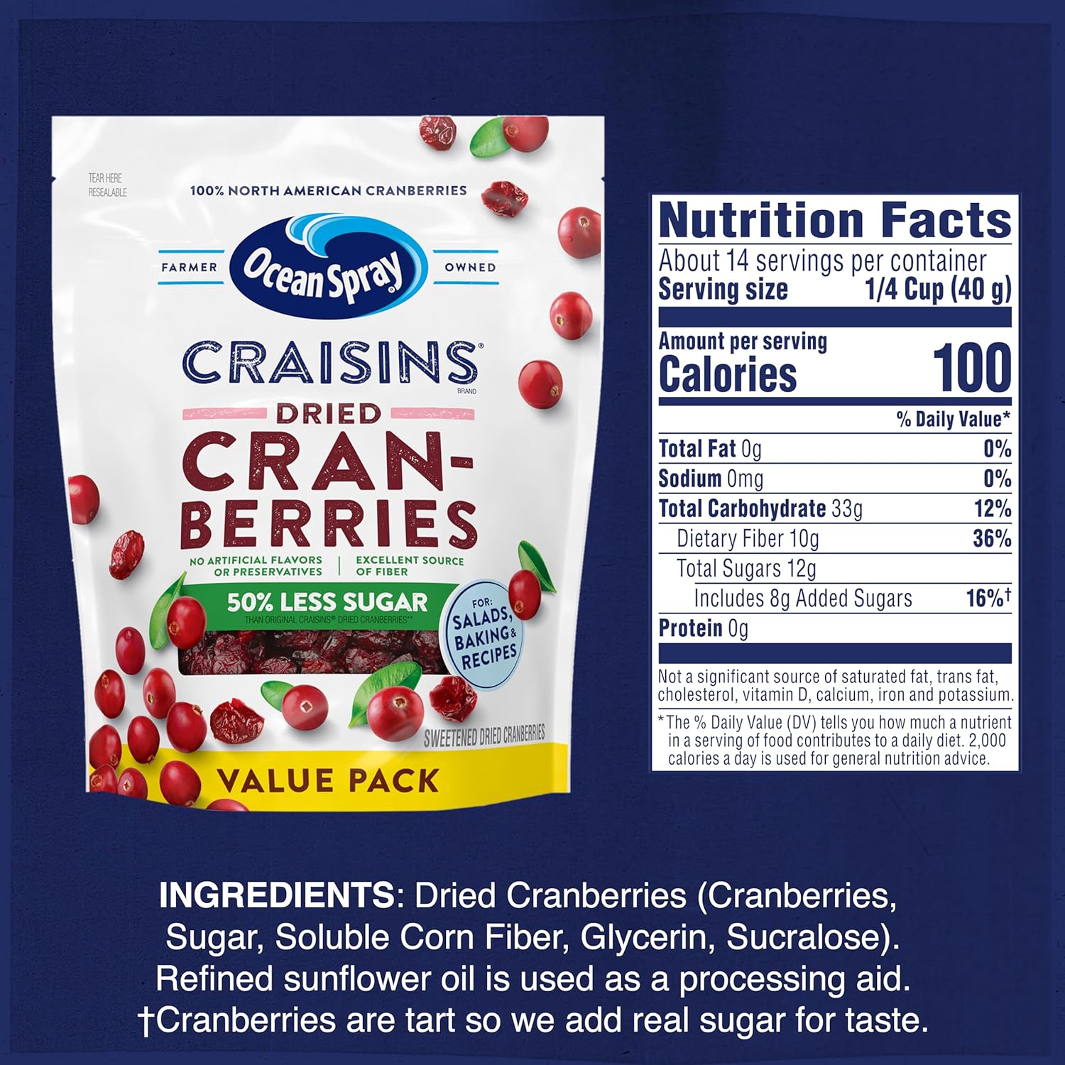 Ocean Spray Craisins 50% Less Sugar Dried Cranberries — Durable Pantry Pack for Road Trips Cabin Stays and Backcountry Fueling