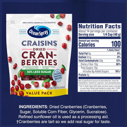 Ocean Spray Craisins 50% Less Sugar Dried Cranberries — Durable Pantry Pack for Road Trips Cabin Stays and Backcountry Fueling