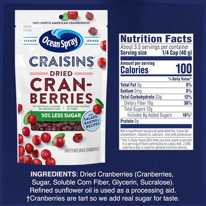 Ocean Spray Craisins 50% Less Sugar Dried Cranberries – Lightweight Pantry Item for Road Trips and Picnics, 5 oz Pouches, 12 Count