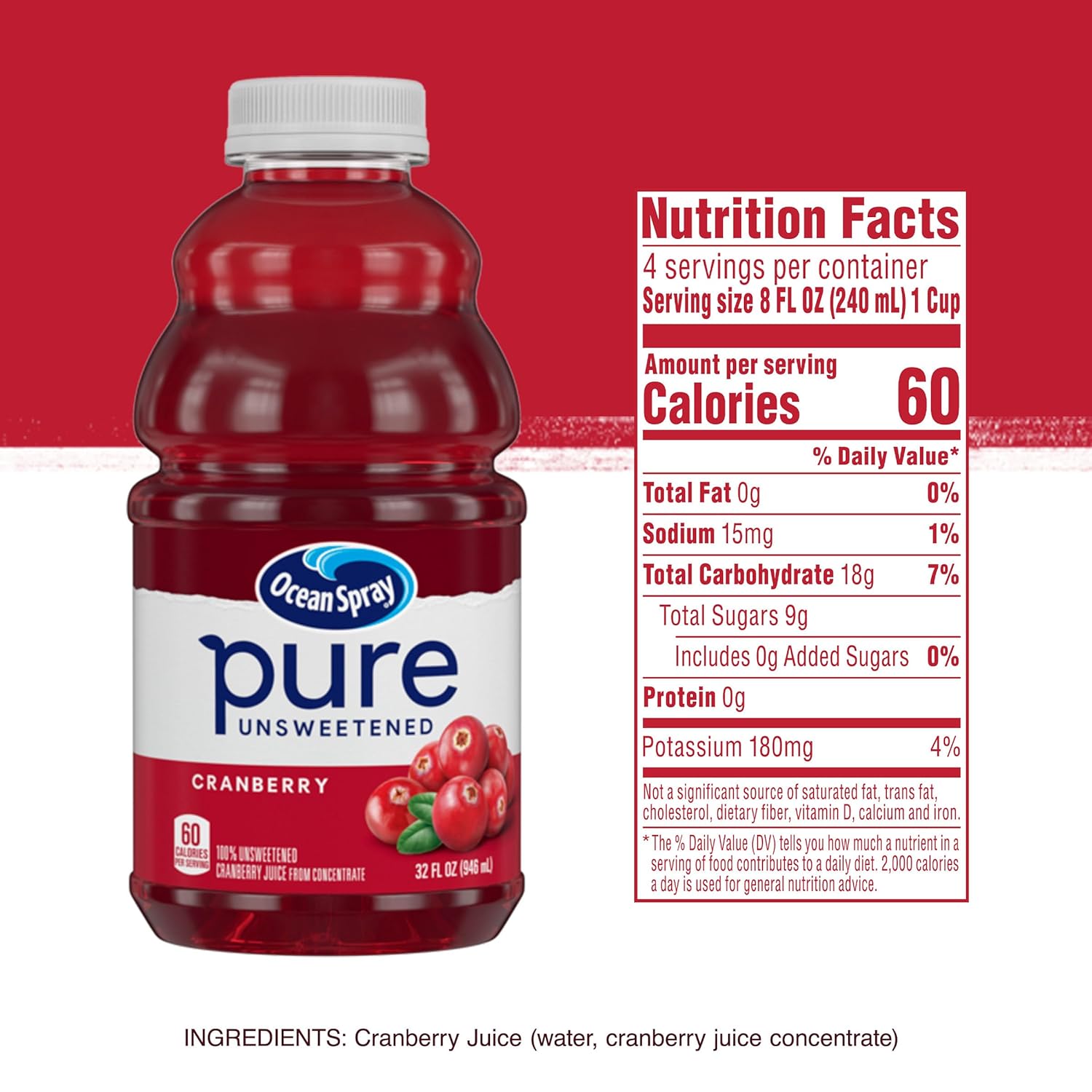 Ocean Spray® Pure Unsweetened Cranberry Juice – Low-Calorie Fruit-Serving for Mindful Eating Routines, 32 Fl Oz