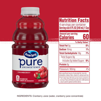 Ocean Spray® Pure Unsweetened Cranberry Juice – Low-Calorie Fruit-Serving for Mindful Eating Routines, 32 Fl Oz