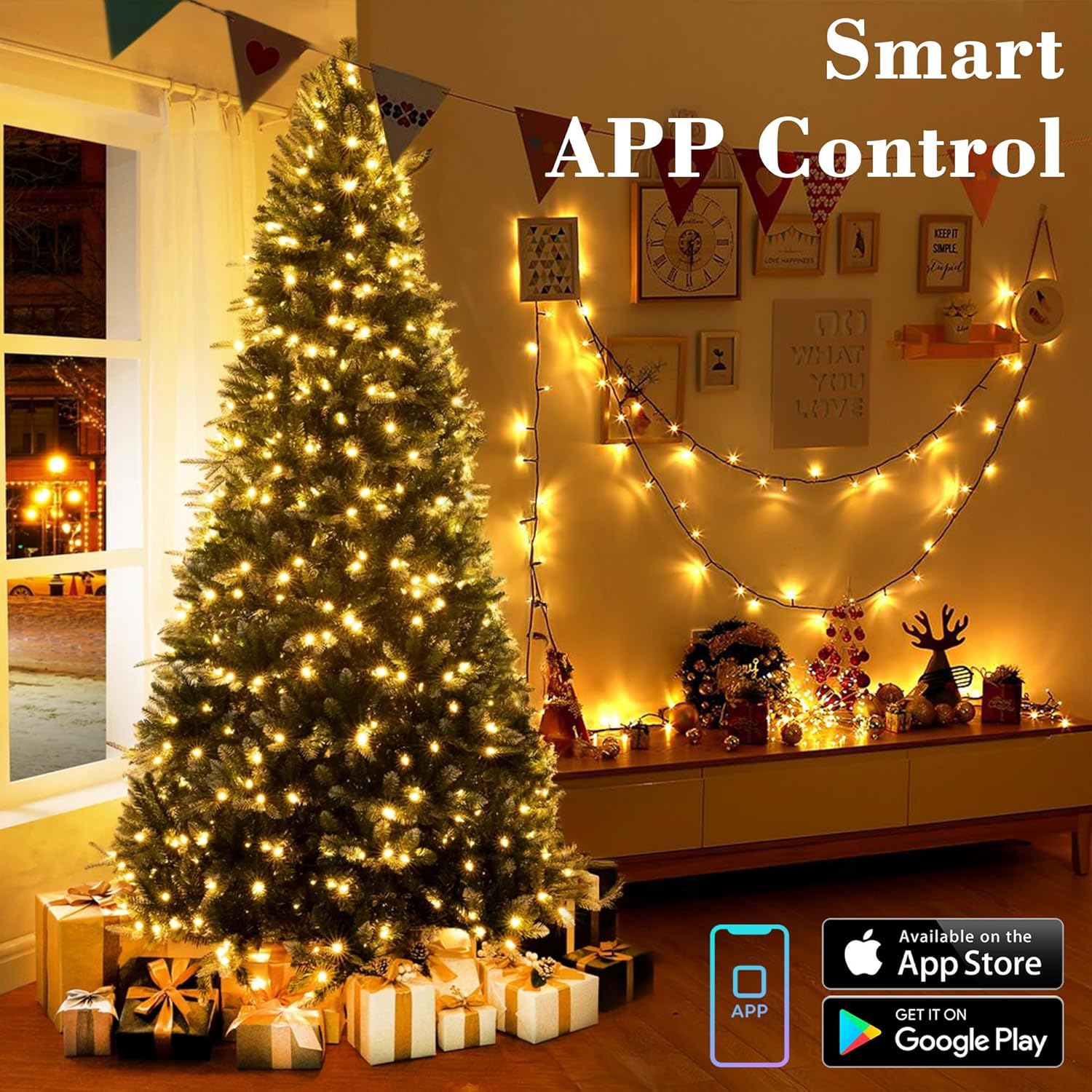 ODEETRONIC Smart LED String Lights 98 ft 300 Count Color Changing – Cozy Family Room Ambiance with Scheduling and 9 Lighting Modes