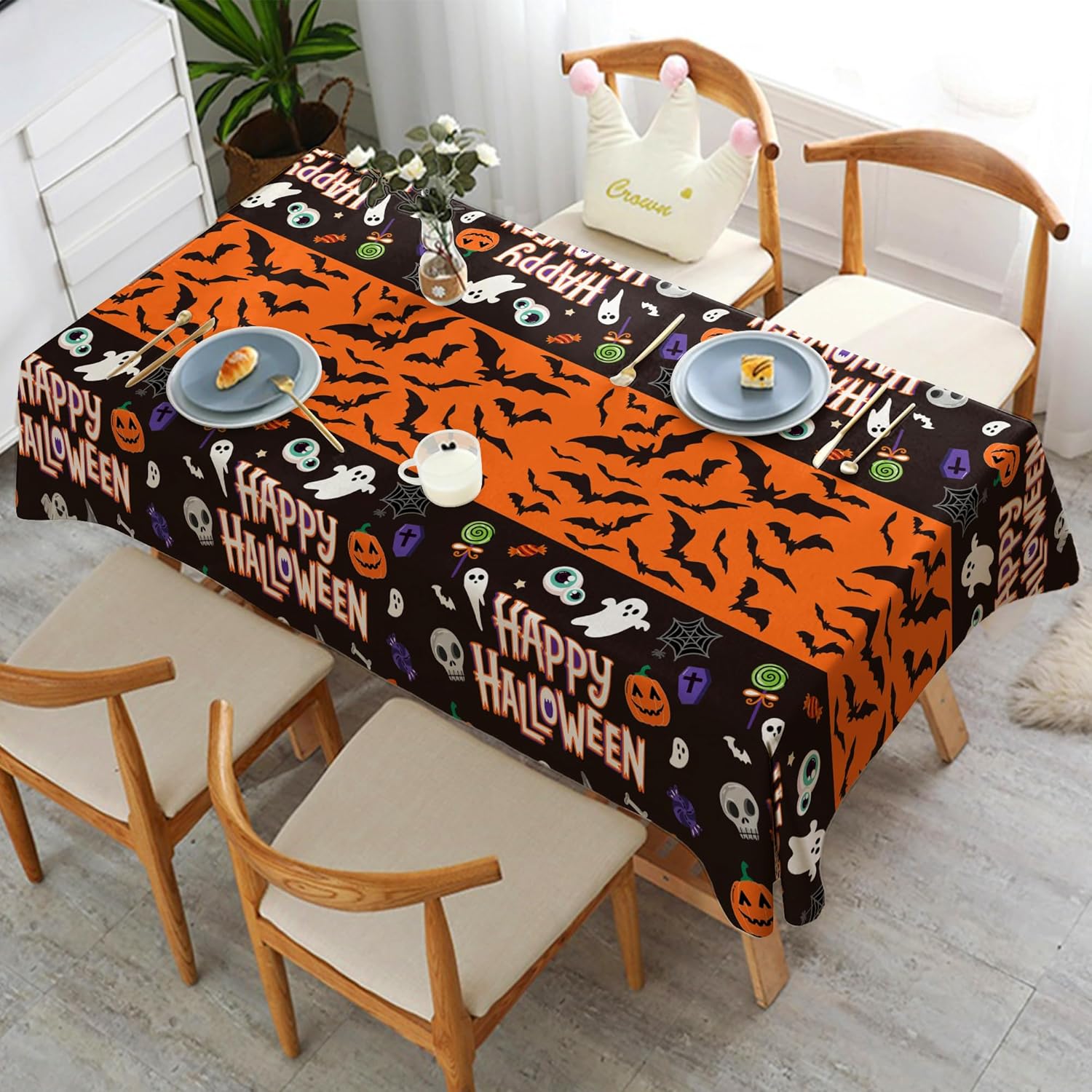 OHOME Decorative Halloween Tablecloth Pair – Gothic Pumpkin Motif Drape for Buffet Table and Mantel Styling
