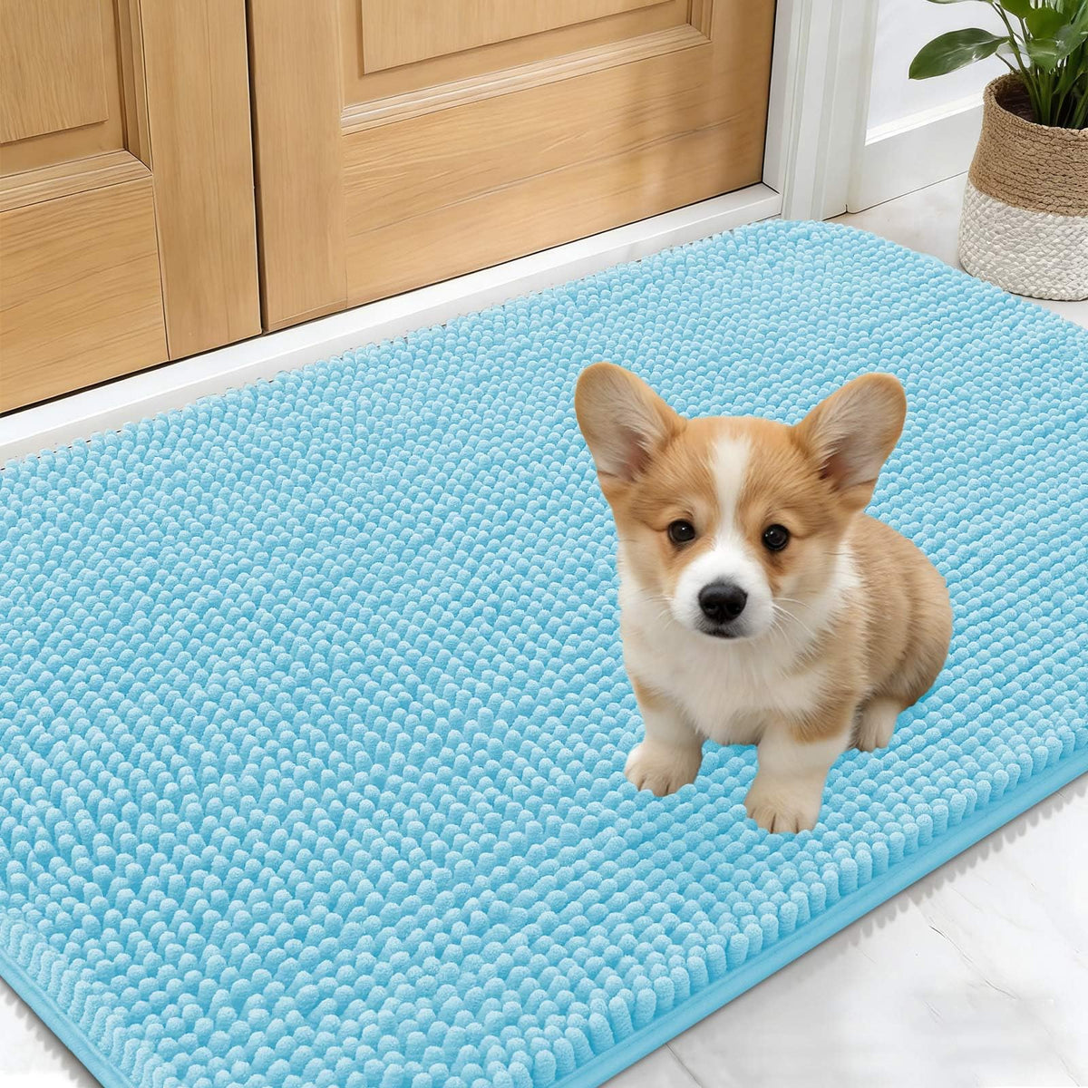 OLANLY Dog Door Mat for Muddy Paws 24x16, Absorbs Moisture and Dirt, Absorbent Non-Slip Washable Doormat, Quick Dry Chenille Mud Mat for Dogs, Entry Indoor Entryway Carpet for Inside Floor, Blue