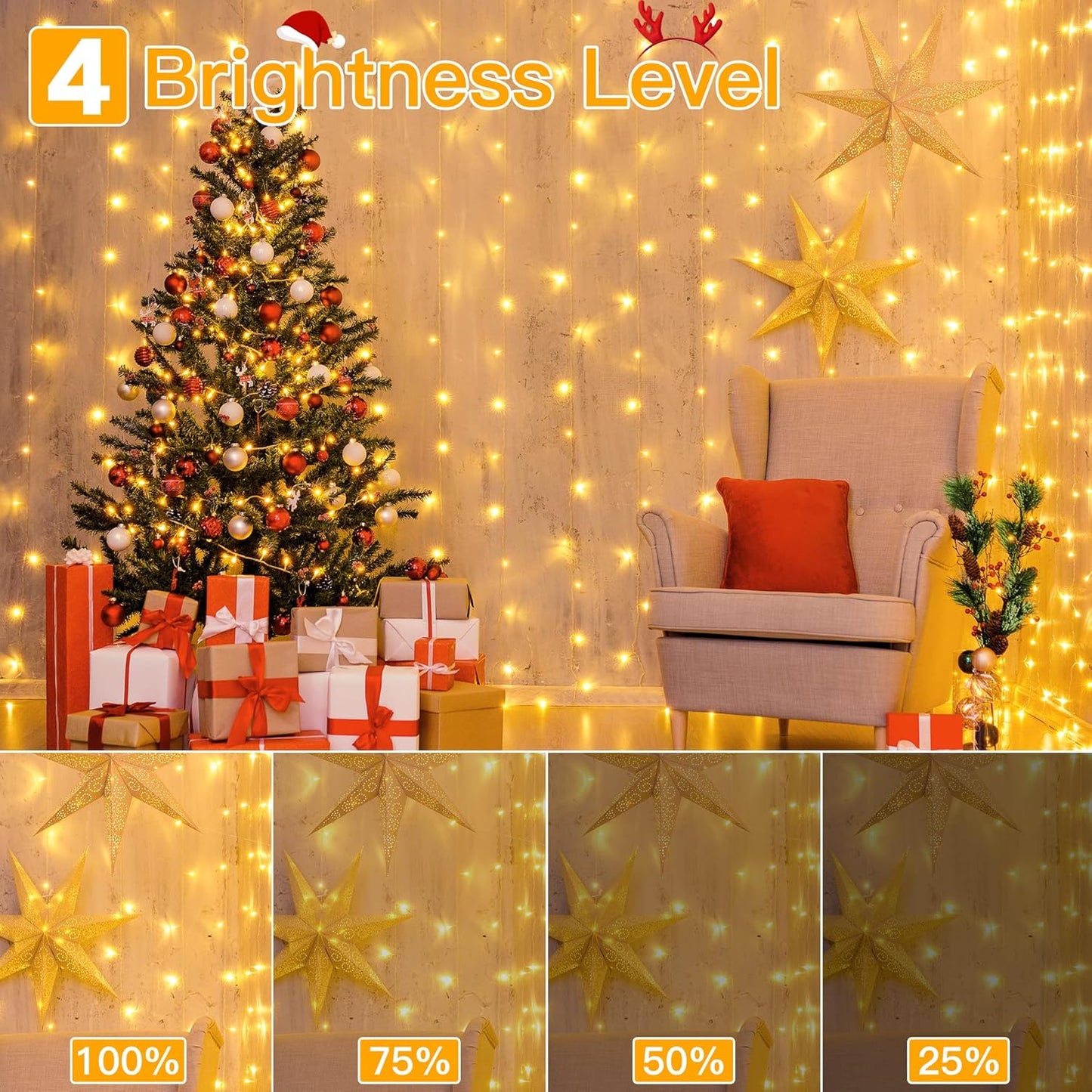 Ollny Curtain String Lights 6.6x6.6ft – Warm White LED Window Curtain for Apartment Decor and Moody Bedroom Vibes