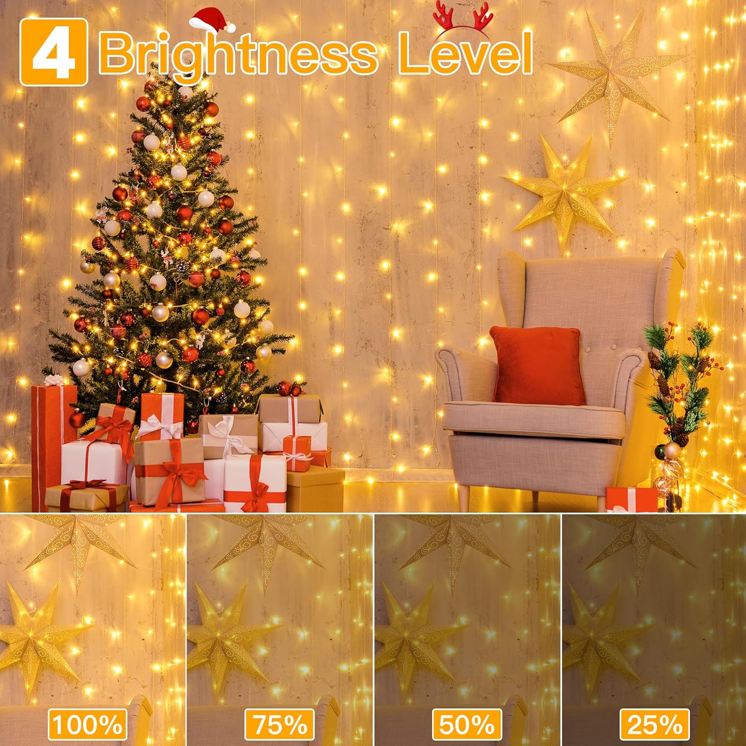 Ollny Curtain String Lights 6.6x6.6ft – Warm White LED Window Curtain for Apartment Decor and Moody Bedroom Vibes