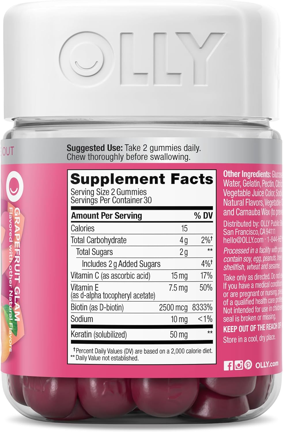 OLLY Undeniable Beauty Gummy – Simple Daily Beauty Gummy, Neutral Bottle Design for Modern Bathrooms, Grapefruit