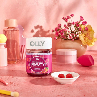OLLY Undeniable Beauty Gummy – Simple Daily Beauty Gummy, Neutral Bottle Design for Modern Bathrooms, Grapefruit