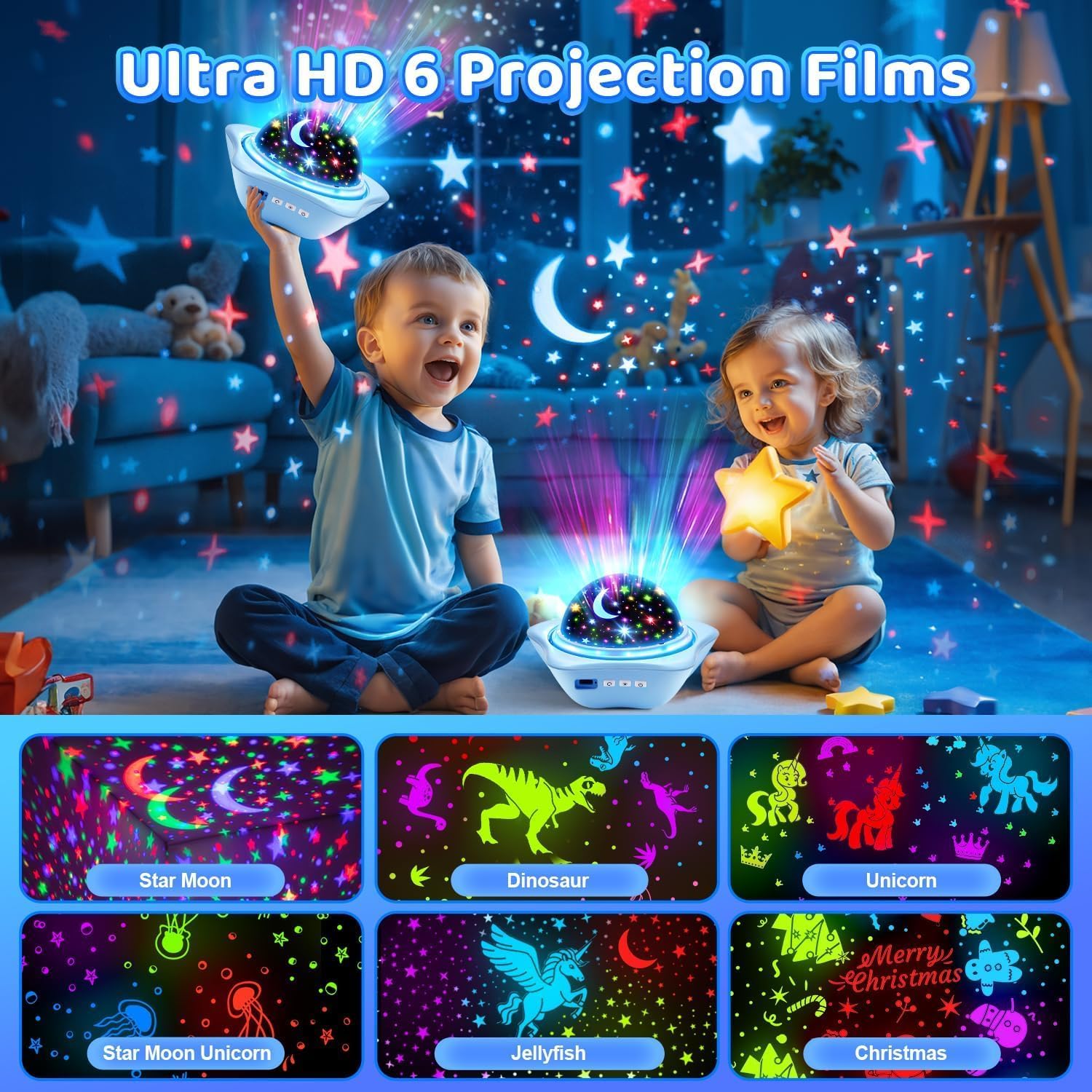 One Fire Baby Night Light for Nursery – 360° Silent Rotating Star Ceiling Projector with 6 Safe Film Slides and Cordless Rechargeable Battery