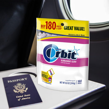 ORBIT Bubblemint Chewing Gum Sugar Free 180 Count, Meeting Room Refreshment and Study Session Companion