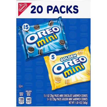 OREO Mini Mix Sandwich Cookies Variety Pack for Home Office Afternoon Pick Me Up, 20 Pre Portioned Bags
