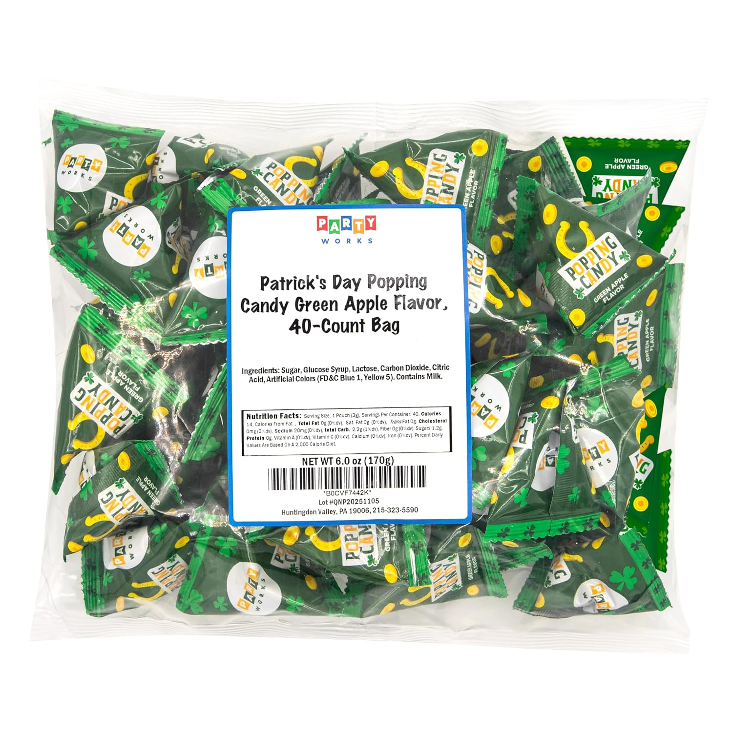 Outdoor St Patty's Day Festival Candy - 40 Pop Rocks Sour Green Apple Mini Packs for Parade March Routes, Community Celebration Booths & Shamrock Event Stations