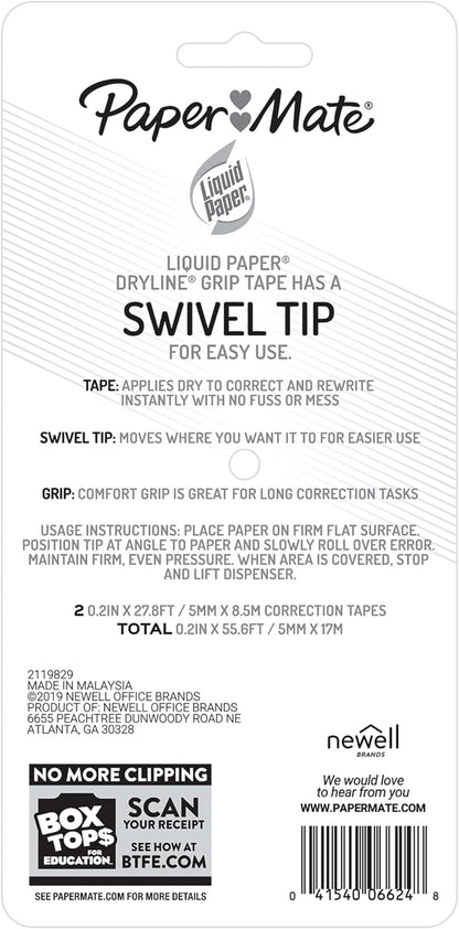 Paper Mate Liquid Paper DryLine Grip Correction White Tape, 2 Count – Compact Two-Pack for Intentional Workspaces and Simple Office Setups