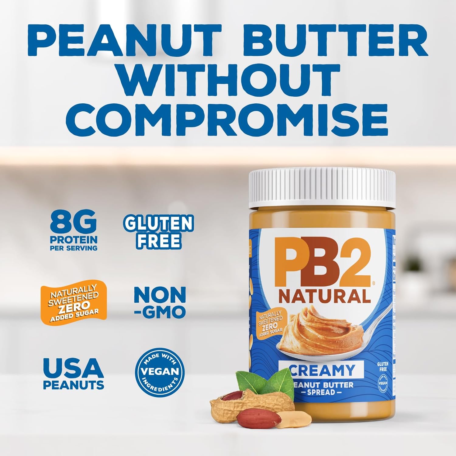 PB2 Natural Creamy Peanut Butter – Clean-Label Pantry Essential for Less-Is-More Home Kitchens, Allulose Sweetened
