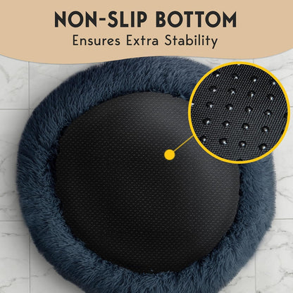 PetJett Calming Round Dog Bed Medium – Washable Faux Fur Bed With Secure Non-Slip Base, Pet-Safe Everyday Sleeping Spot