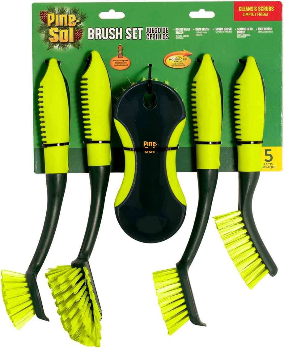 Pine-Sol Scrub Brush Set - Practical Housewarming Gift for New Homeowners, Long Handle 5 Piece Cleaning Brush Bundle