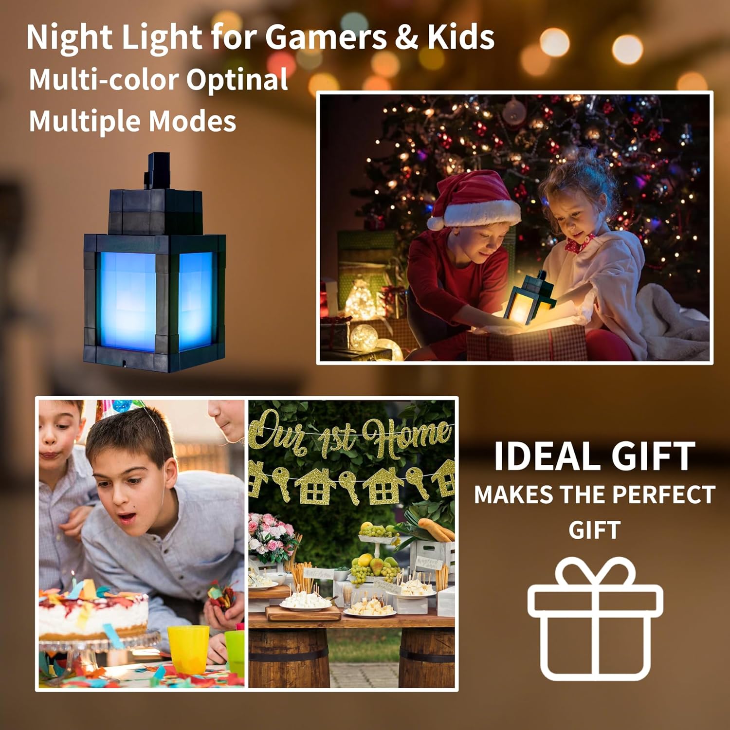 Pixelated Lantern Night Light - Fun Playroom Decor for Boys Age 4-12, Rechargeable Mood Light with Remote Control