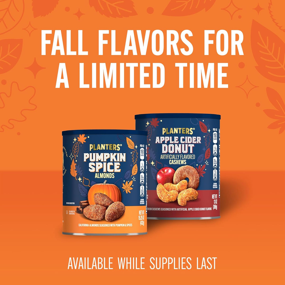 PLANTERS Fall Edition Pumpkin Spice Almonds 15.25 oz Canister – On-the-Go Munching Snack for Tailgating and Picnics, Resealable Plant-Based Protein for Open-Air Gatherings