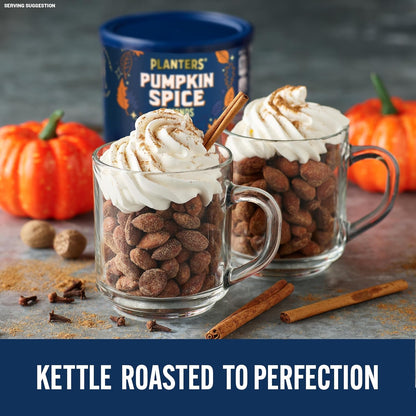 PLANTERS Fall Edition Pumpkin Spice Almonds 15.25 oz Canister – On-the-Go Munching Snack for Tailgating and Picnics, Resealable Plant-Based Protein for Open-Air Gatherings