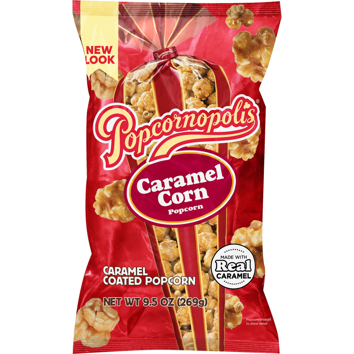 Popcornopolis Caramel Popcorn 9.5oz Bag, Sweet Buttery Caramel Flavor, Non-GMO Gluten-Free Gourmet Air-Popped Corn, Perfect for Movie Night, Snacking, Sharing, Classic Treat, Family Size