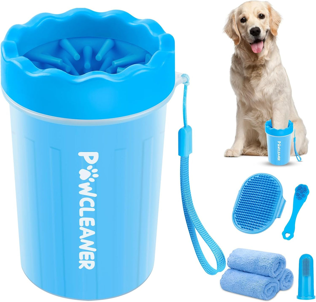 portable cup-style paw washer with interior silicone bristles for hands-free cleaning