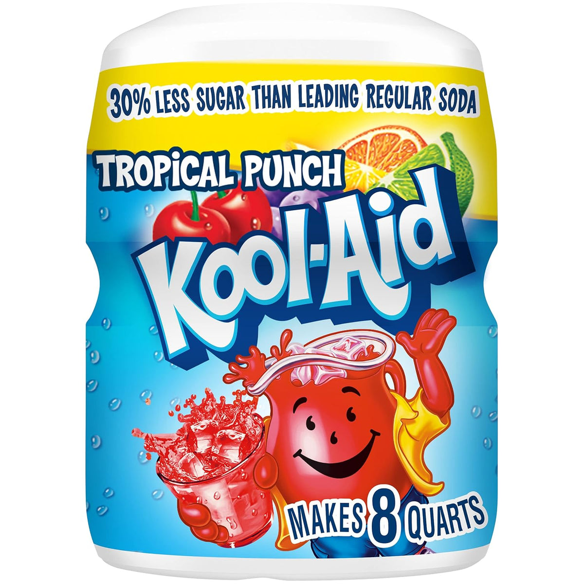 powdered drink mix in resealable canister with built-in easy-measure lid