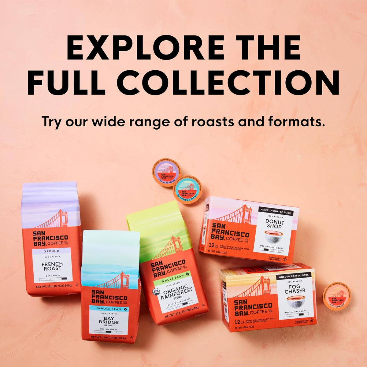 product line spans 20 asins covering breakfast blend, fog chaser, colombian, french roast, decaf, hazelnut crème, organic rainforest, extra dark italian, espresso, donut shop, and bay bridge blend in 1-pack and 6-pack sizes