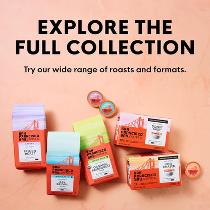 product line spans 20 asins covering breakfast blend, fog chaser, colombian, french roast, decaf, hazelnut crème, organic rainforest, extra dark italian, espresso, donut shop, and bay bridge blend in 1-pack and 6-pack sizes