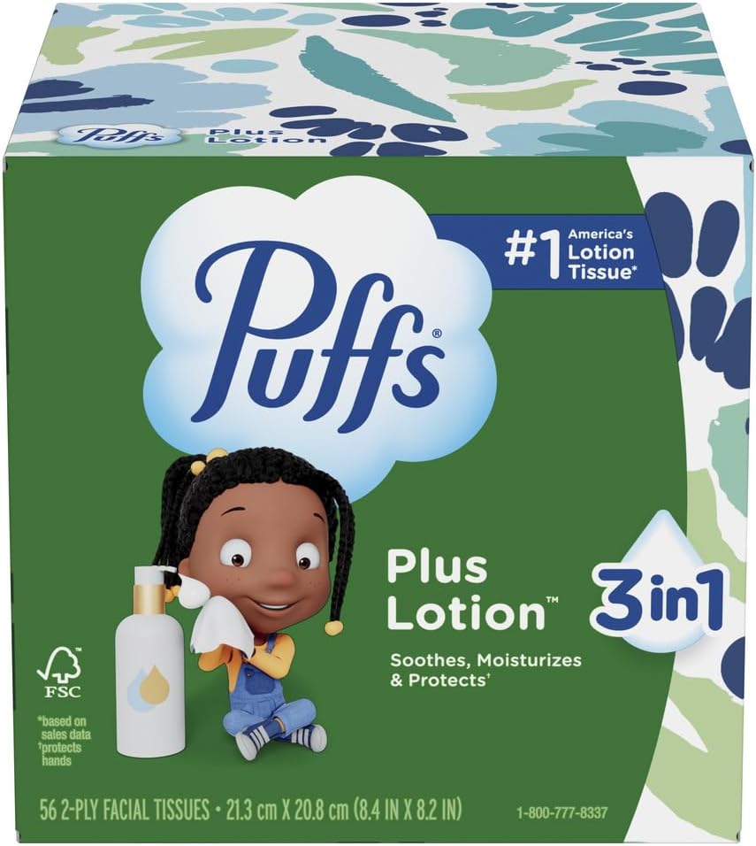 Puffs Plus Lotion Tissues for Bathroom Counter and Wind-Down Ritual, Lotion-Soothed Nose Care