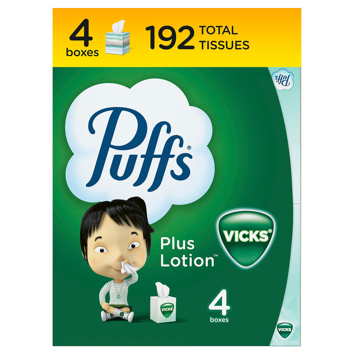 Puffs Plus Lotion with Vicks Facial Tissues, 4 Cubes, 48 Tissues per Box (192 Tissues)