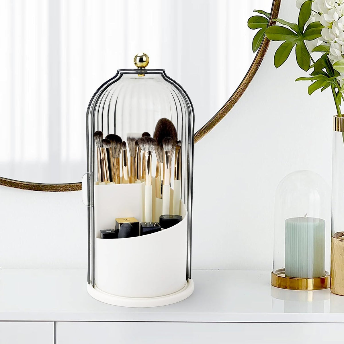 QIYVLOS Toothbrush and Makeup Holder – Housewarming Present for Apartment Dwellers, Compact Vanity Organizer with Sliding Cover