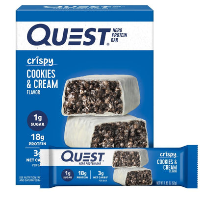 Quest Nutrition Crispy Cookies & Cream Hero Protein Bar – Lunch Box Snack for After-School Pickup, 18g Protein