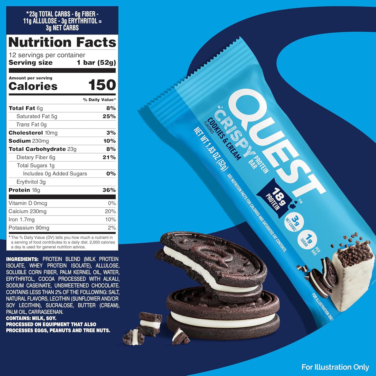 Quest Nutrition Crispy Cookies & Cream Hero Protein Bar – Wind-Down Evening Snack for Mindful Self-Care Routines, 18g Protein