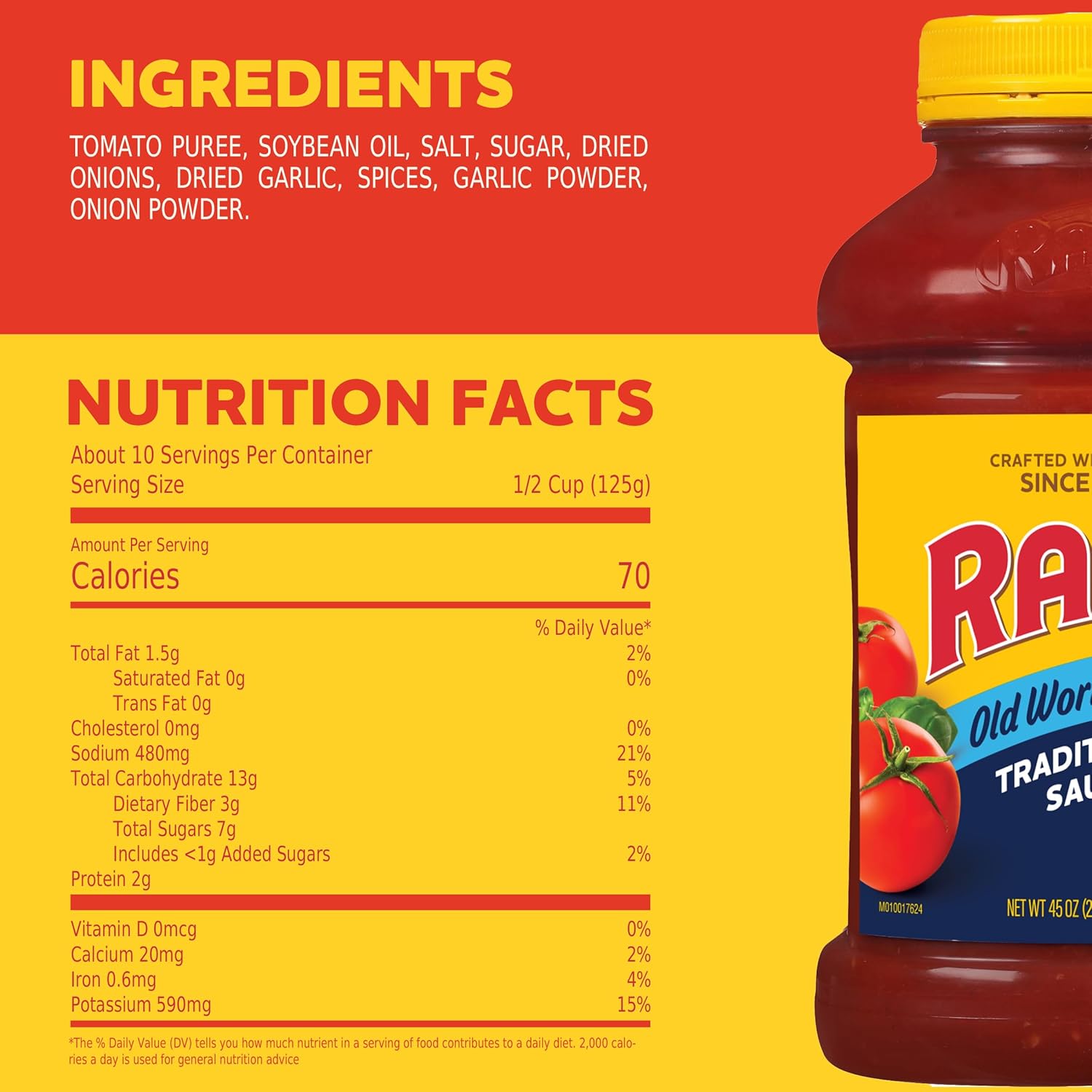 Ragu Old World Style Traditional Sauce, Time-Saving Pantry Staple for Streamlined Family Dinners, 45 oz