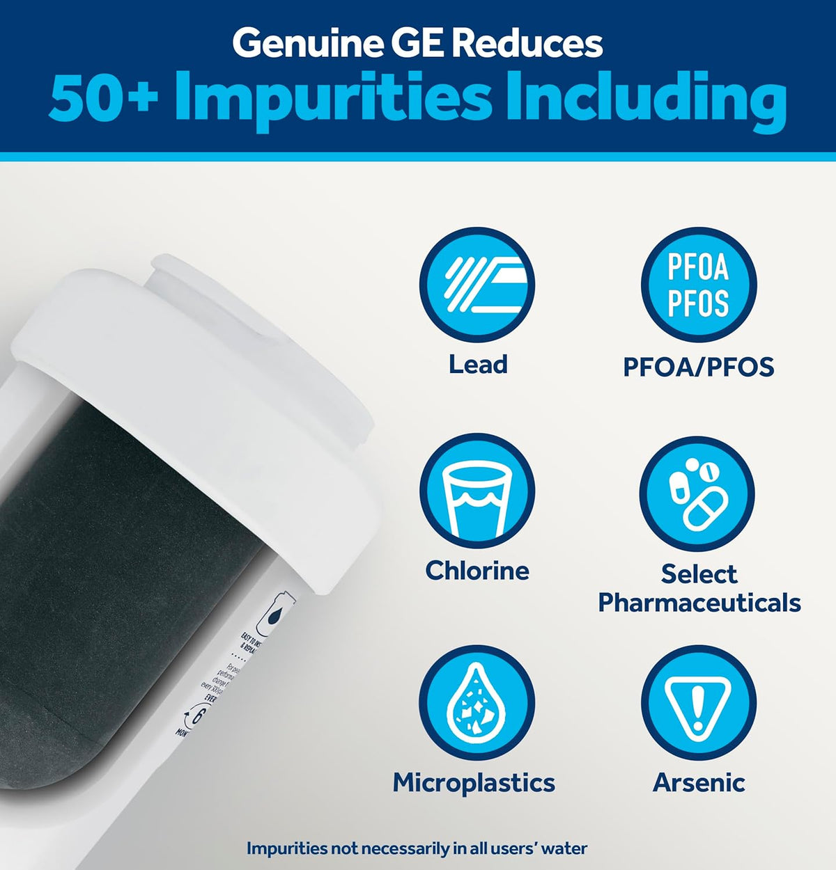 reduces 50+ impurities including lead, chlorine, pfoa/pfos, microplastics, arsenic, and 5 trace pharmaceuticals (ibuprofen, progesterone, atenolol, trimethoprim, fluoxetine)