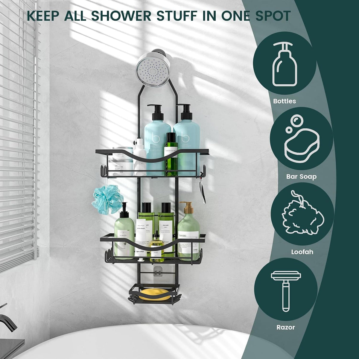 REINHARDT Adjustable Shower Caddy – Simple Wall Storage for Intentional Home Living, Matte Stainless Steel Hanging Organizer