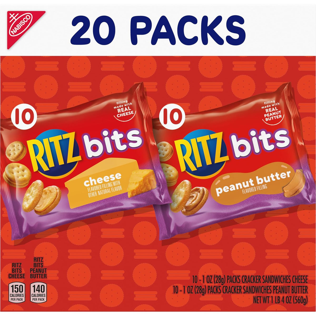 RITZ Bits Cheese and Peanut Butter Snack Crackers – Grab-and-Go Snacks for Picnics, Beach Days, and Day Hikes, 20 Individual Packs