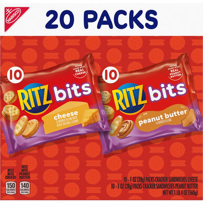 RITZ Bits Cheese and Peanut Butter Snack Crackers – Grab-and-Go Snacks for Picnics, Beach Days, and Day Hikes, 20 Individual Packs