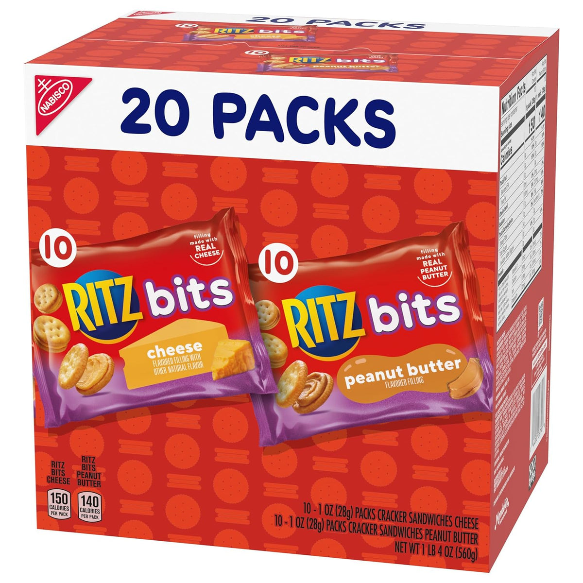 RITZ Bits Cheese and Peanut Butter Snack Crackers – Grab-and-Go Snacks for Picnics, Beach Days, and Day Hikes, 20 Individual Packs