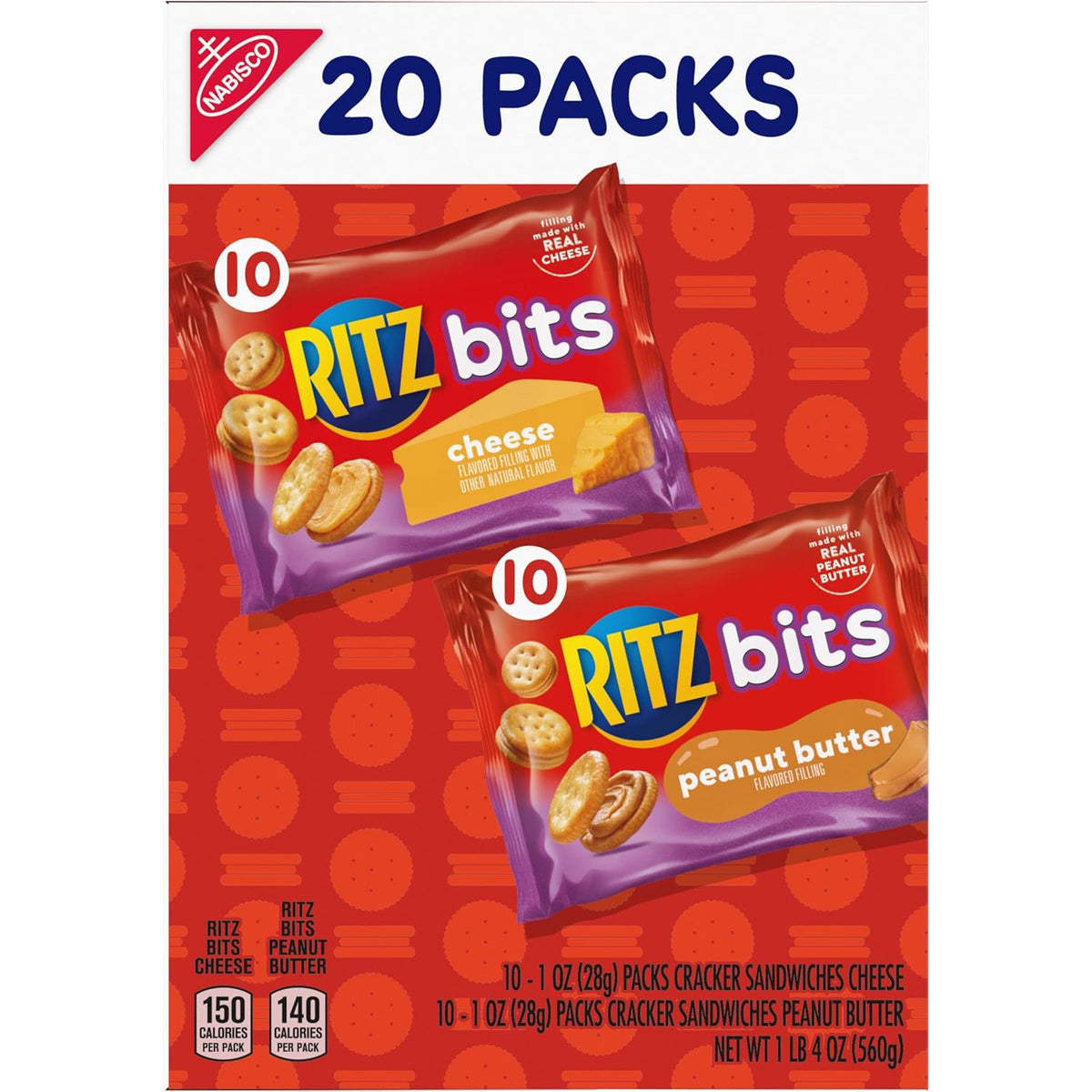 RITZ Bits Cheese and Peanut Butter Snack Crackers – Grab-and-Go Snacks for Picnics, Beach Days, and Day Hikes, 20 Individual Packs