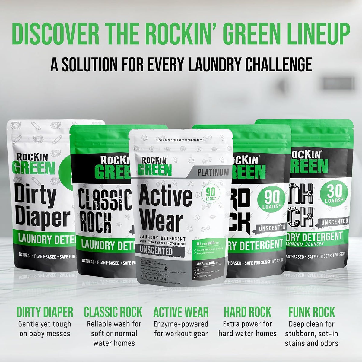 Rockin' Green Active Wear Detergent Powder for Allergy-Sensitive Family Laundry, Plant-Based Non-Toxic Enzyme Wash