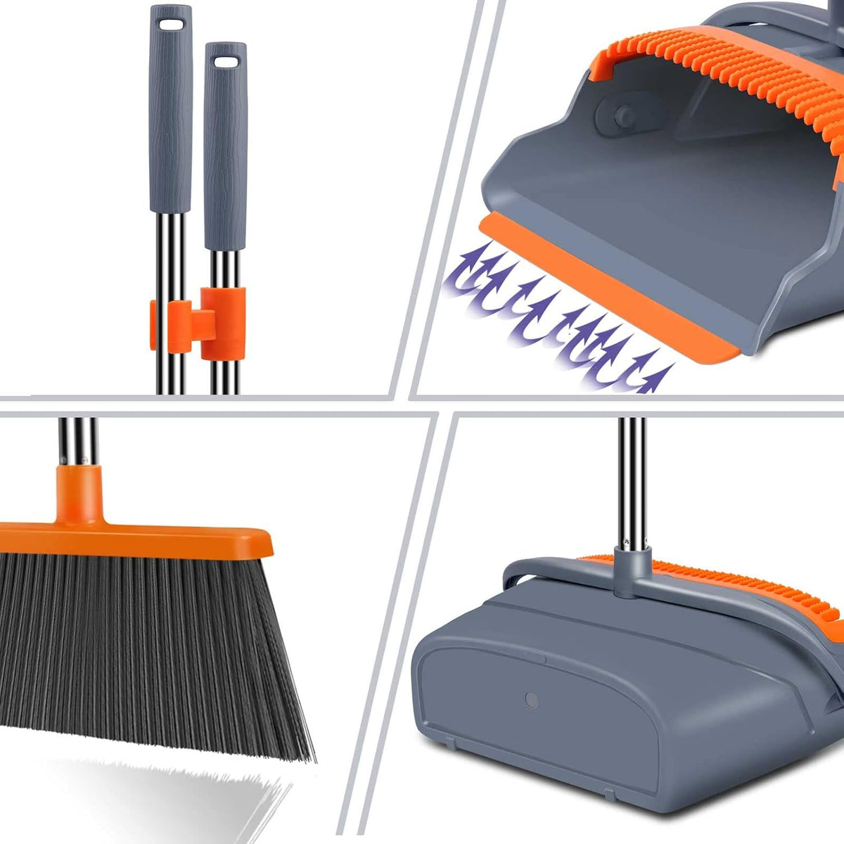 rubber lip on dustpan that sits flush with the floor for complete debris pickup