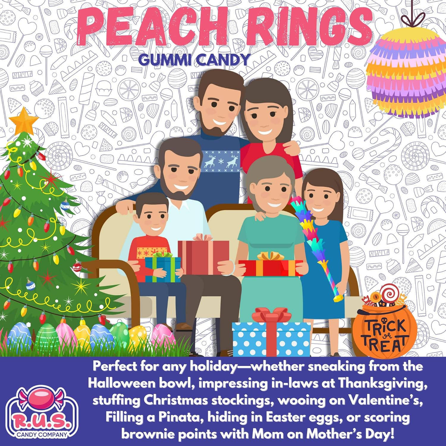 RUS Candy Company Peach Ring Gummies 2-Pack 8 oz Bags – Lighter Fruity Candy Alternative for Wellness-Focused Snackers
