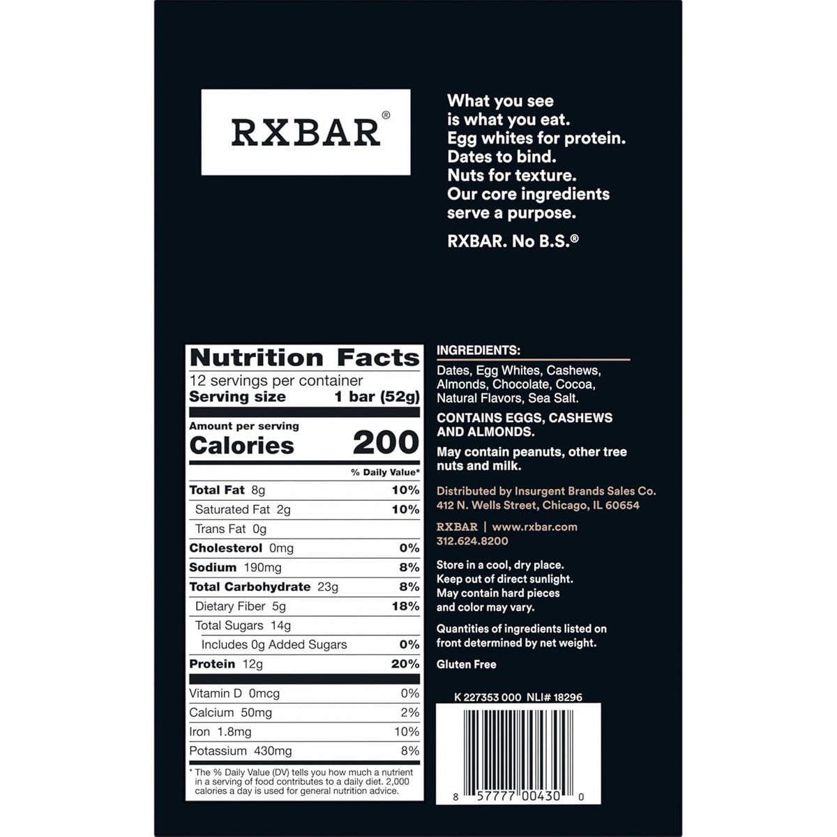 RXBAR Chocolate Sea Salt Bars – Guilt-Free Sweet Craving Fix for Your Wellness Routine, Gluten Free 12-Count Box