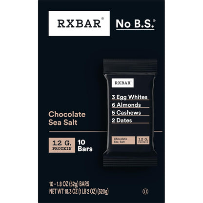 RXBAR Chocolate Sea Salt – Pre-Workout Fuel for Running Trails and Gym Bags, 10-Count Protein Bar Box