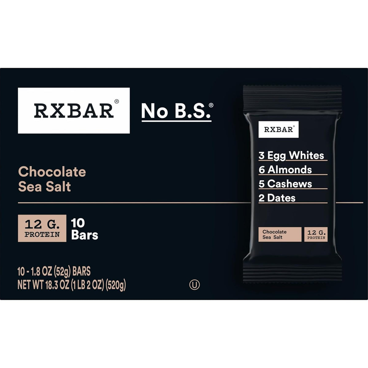 RXBAR Chocolate Sea Salt – Pre-Workout Fuel for Running Trails and Gym Bags, 10-Count Protein Bar Box
