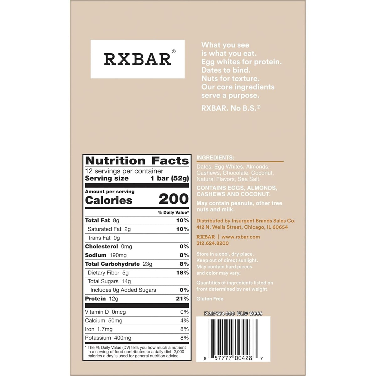 RXBAR Coconut Chocolate Protein Bar – Carry-On Friendly Protein Snack for Flights and Layovers, 12 Count Box