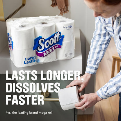 Scott 1000 Toilet Paper – Worry-Free Flushing for Low-Flow Toilets, 1-Ply Septic-Certified Tissue