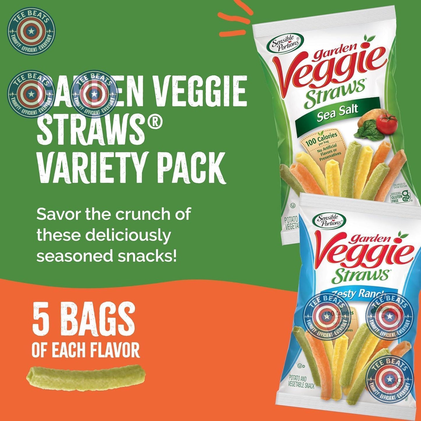 Sensible Portions Veggie Straws – Party Snack for Backyard BBQs, Pre-Portioned Sea Salt and Zesty Ranch Bags