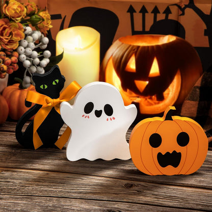 set of 3 wooden decorative blocks: pumpkin sign, ghost block, black cat sign